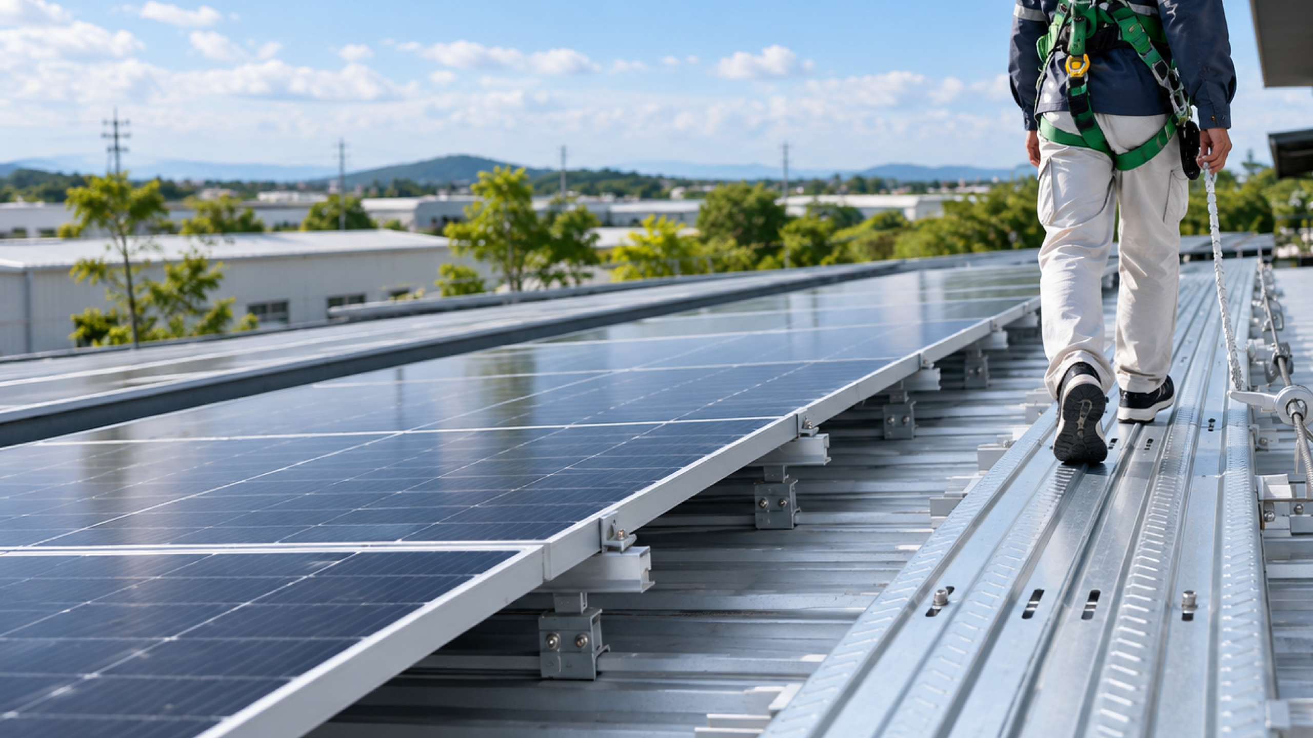 Worker on solar rooftop installation